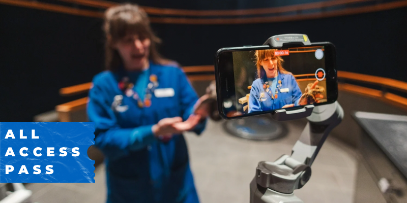 bluecoat holding snake in front of a phone that is recording a virtual session