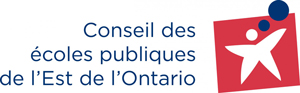 Logo of Conseil des écoles publiques de l’Est de l’Ontario featuring the organization’s name in blue text alongside a red square icon showing a stylized white figure reaching upward with a blue dot.