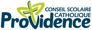 Logo of Conseil scolaire catholique Providence featuring the word “Providence” in blue, with a stylized green cross integrated above the letters, and the text “Conseil scolaire catholique” displayed above the name.