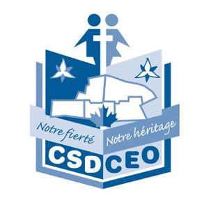 Logo of Conseil scolaire de district catholique de l’Est ontarien (CSDCEO) featuring two stylized human figures above a shield‑shaped emblem. The design includes a map silhouette, stars, a maple leaf, and banners with the text “Notre fierté” and “Notre héritage,” displayed in shades of blue.