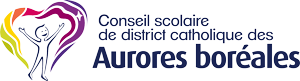 Logo of Conseil scolaire de district catholique des Aurores boréales featuring a stylized heart shape in purple, magenta, and green, with a human figure reaching upward inside the heart. The organization’s name appears in blue text to the right.