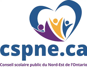 Logo of Conseil scolaire public du Nord‑Est de l’Ontario (cspne.ca) featuring three stylized human figures in purple, yellow, and blue forming a heart shape, with the website address “cspne.ca” displayed below and the organization’s name in small text.