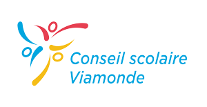 Logo of Conseil scolaire Viamonde featuring three abstract human figures in blue, red, and yellow, symbolizing movement and community, alongside the organization’s name in blue text.