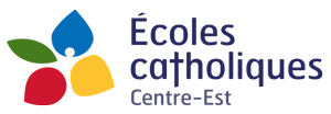 Logo of Écoles catholiques Centre‑Est featuring four leaf‑shaped elements in blue, green, red, and yellow, alongside the organization’s name displayed in blue text.